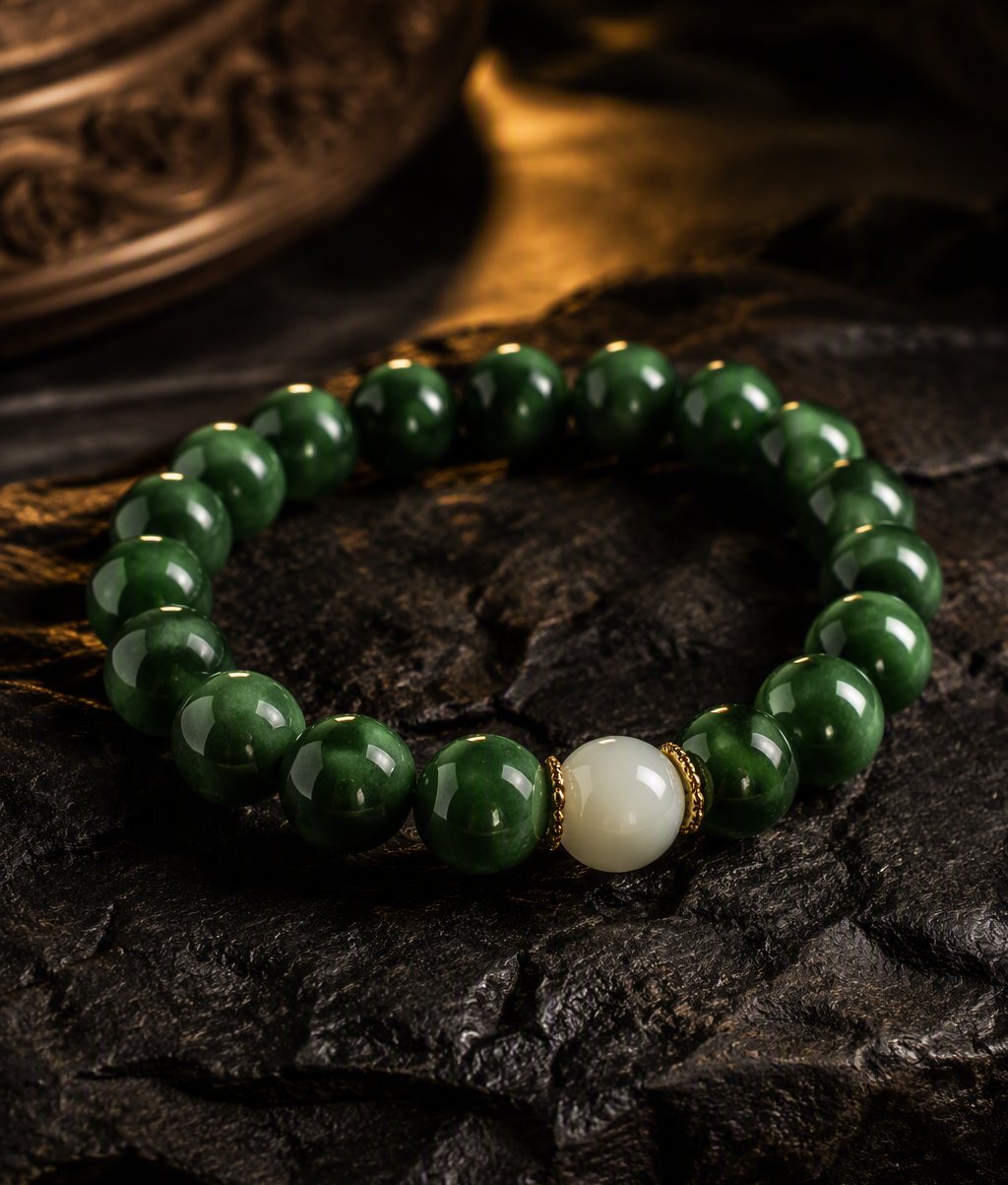 Green jade bead bracelet with white accent bead