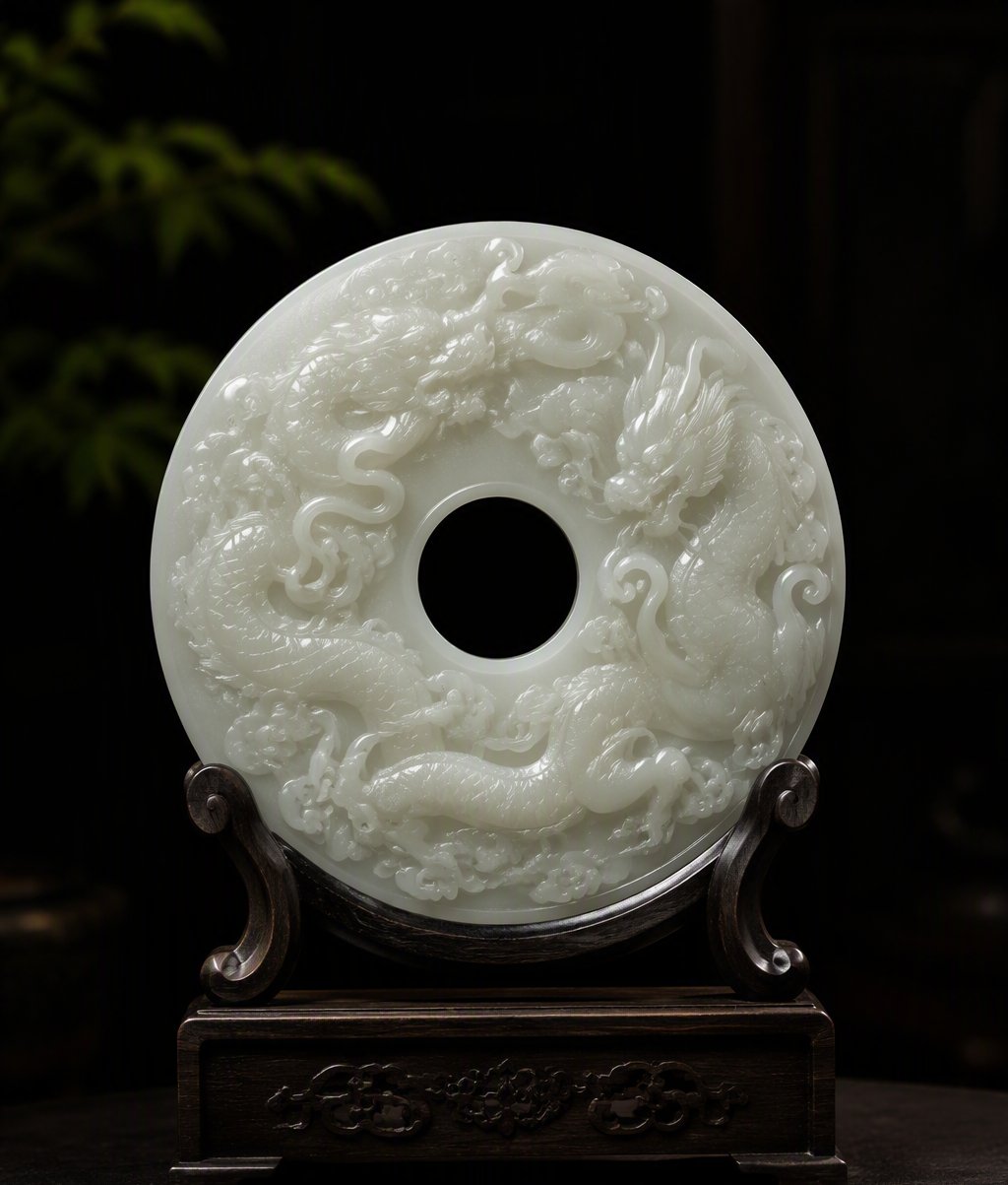 Carved white jade bi disc on wooden stand