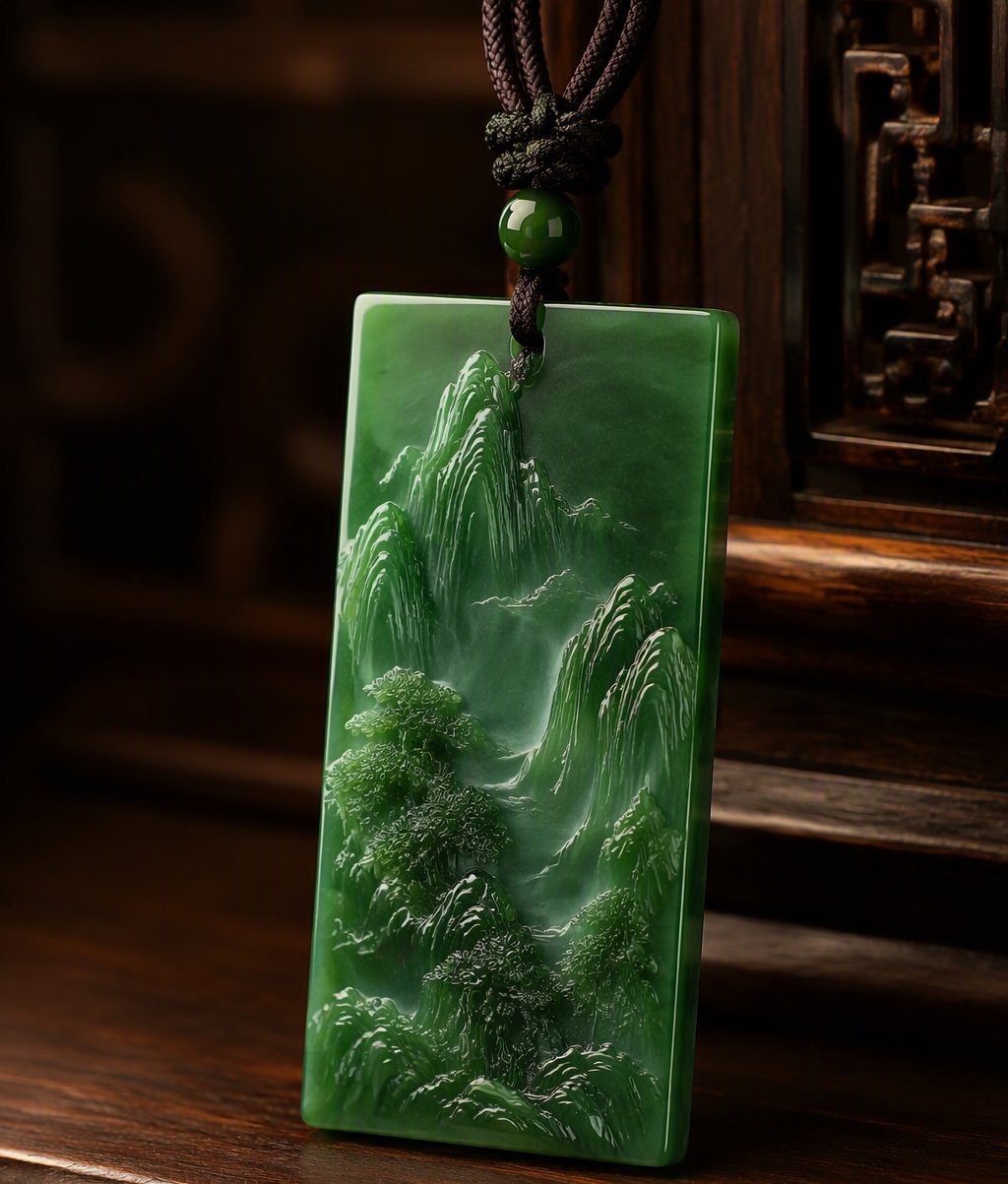 Carved green jade mountain pendant