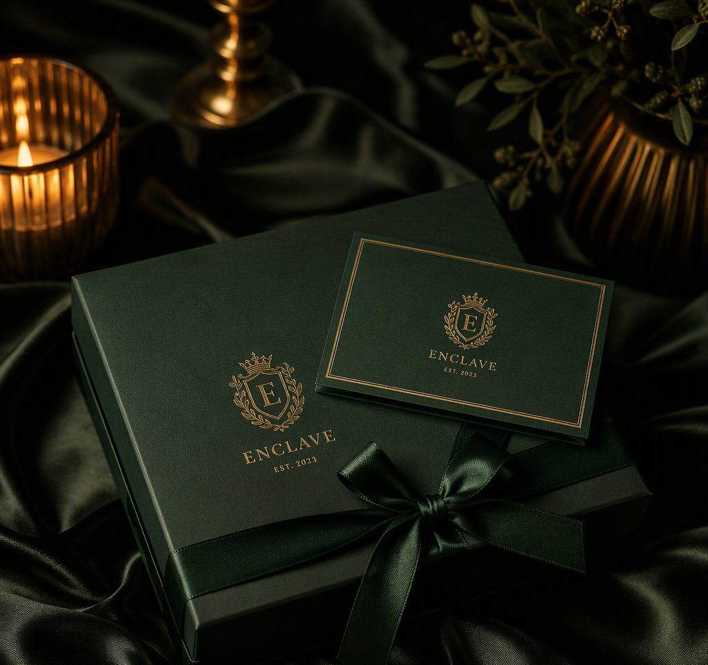 Dark green gift box with gold card